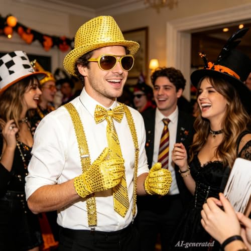 7PCS Pop Star Costume 70s 80s Disco Rock Super Star Dance Cosplay Accessories - Gloves Hat Sunglasses Tie Sequin Strap - color: Golden