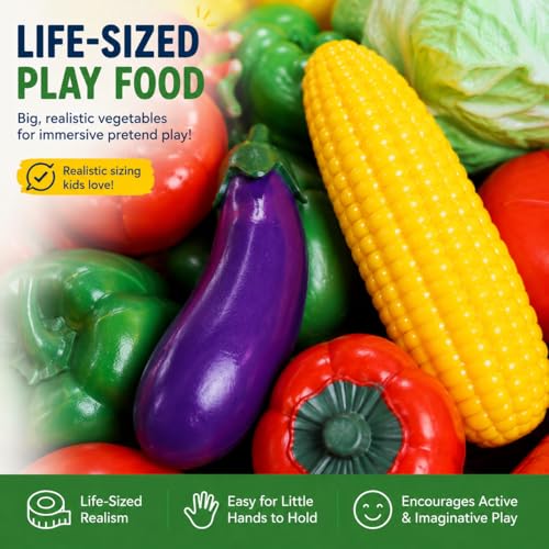 20 Pieces Play Vegetables Playset - Life-Sized Toy Food for Kids Kitchen, Healthy Farmer's Market Grocery Pretend Play Plastic Toy Set for Toddlers