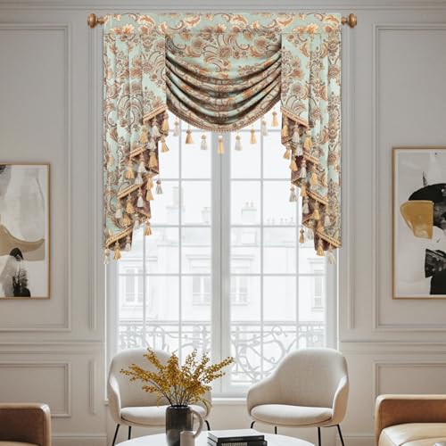 Leeva Blue Damask Waterfall Valance 39x45, Luxury European Jacquard Window Treatment with Tassels, Rod Pocket Swag Curtain Topper for Living Room Bedroom - color: *Blue, size: 39"W x 45"L (Pack of 1)