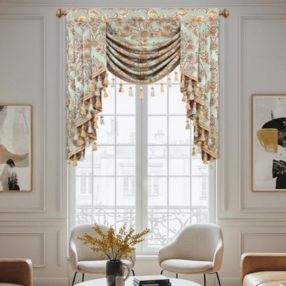Leeva Blue Damask Waterfall Valance 39x45, Luxury European Jacquard Window Treatment with Tassels, Rod Pocket Swag Curtain Topper for Living Room Bedroom - color: *Blue, size: 39"W x 45"L (Pack of 1)