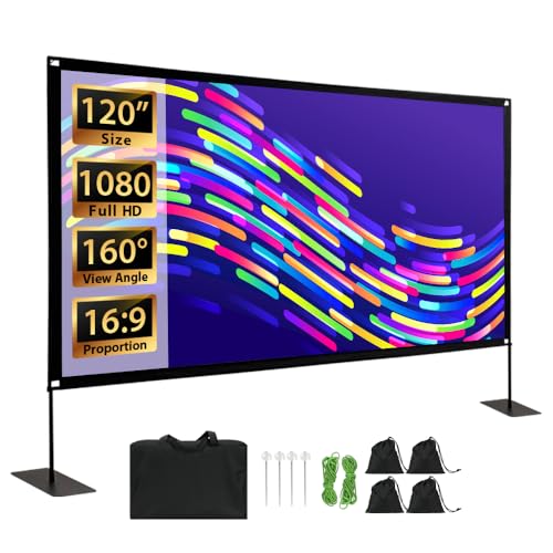 Projector Screen with Stand, Tool Free 120 inch Outdoor 16:9 4K Front Rear HD Portable Projector Screen Indoor Foldable Movie Screen with Carry Bag, Sandbag for Home Backyard, Camping, Theater