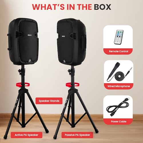 Wireless Portable PA Speaker System - 1000W High Powered Bluetooth Compatible Active + Passive Pair Outdoor Sound Speakers W/USB SD MP3 AUX - 35mm Mount, 2 Stand, Microphone, Remote - Pyle - size: 1000w
