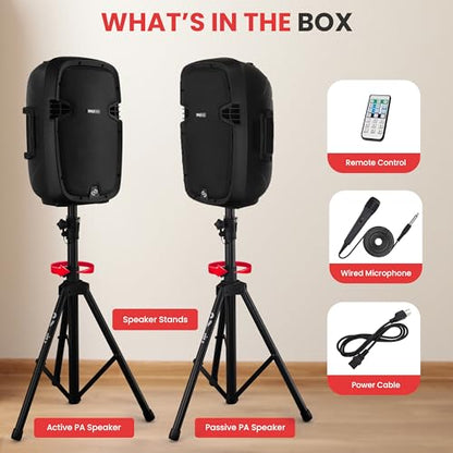 Wireless Portable PA Speaker System - 1000W High Powered Bluetooth Compatible Active + Passive Pair Outdoor Sound Speakers W/USB SD MP3 AUX - 35mm Mount, 2 Stand, Microphone, Remote - Pyle - size: 1000w