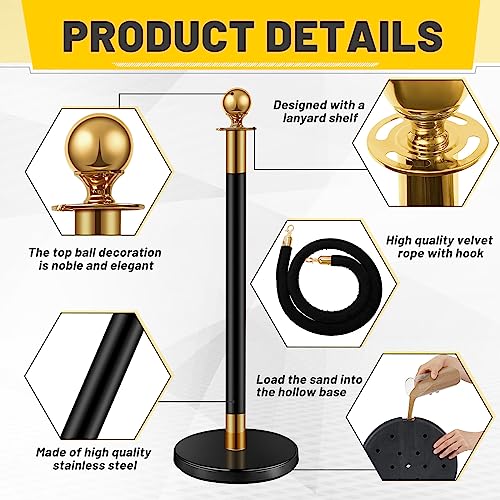 Ferraycle 8 Pcs 2026 Prom Stainless Steel Stanchion 5 ft Velvet Carpet Ropes and Pole Crowd Control Barriers Grand Opening Casino Movie Theme Party 360 Photo Booth Accessories (Black and Gold) - color: Black Gold
