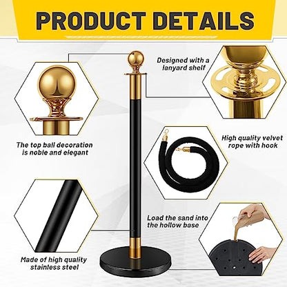 Ferraycle 8 Pcs 2026 Prom Stainless Steel Stanchion 5 ft Velvet Carpet Ropes and Pole Crowd Control Barriers Grand Opening Casino Movie Theme Party 360 Photo Booth Accessories (Black and Gold) - color: Black Gold