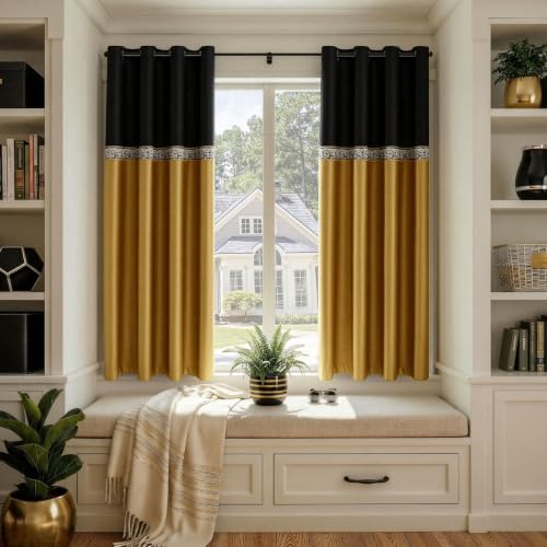 GIGIZAZA Velvet Curtains 63 Inch for Living Room 2 Panels Black Gold - color: Black+gold, size: 52"W x 63"L (Pack of 2)