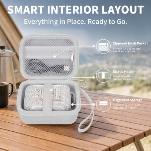 Hard EVA Carrying Case Compatible with JBL Go 5/4/3 Ultra-Portable Speaker | Travel Storage Bag with Mesh Pocket, Double Zipper, Stay-In-Place Strap, Detachable Handle, Carabiner, Case Only, White - color: White