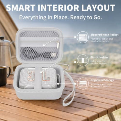 Hard EVA Carrying Case Compatible with JBL Go 5/4/3 Ultra-Portable Speaker | Travel Storage Bag with Mesh Pocket, Double Zipper, Stay-In-Place Strap, Detachable Handle, Carabiner, Case Only, White - color: White