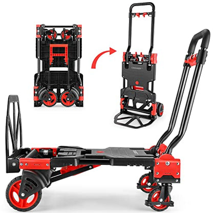 Folding Hand Truck Dolly, 330lb Convertible 4 to 2 Wheel Moving Cart, Red | Dolly Cart with Retractable, Aluminum Alloy & Cast Iron Build, Nylon Wheels,Compact Fold,for Moving,Office,Delivery,Outdoor - size: 330LB