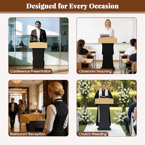 Podium Stand with Metal Wheels Wooden Lectern Podium Stand Portable Pulpit Standing with Storage Mobile Reception Podiums for Church Office School Conference Restaurant Meeting,Wood+Black - color: Black&wood
