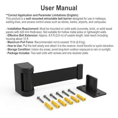 QWORK Wall Mounted Retractable Belt Barrier, 2 Pack Crowd Control Wall Barrier with 10' Belt for Retail Stores, Airports, Banks, School - size: 10' - 2 pack