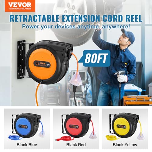 VEVOR Retractable Extension Cord Reel, 80 FT, Heavy Duty 12AWG/3C SJTOW Retractable Power Cord with Lighted Triple Tap Outlet, 15 Amp Circuit Breaker 180° Swivel Bracket for Ceiling or Wall Mount | 15A Circuit Breaker, with Lighted Triple Tap Outlet, 180°