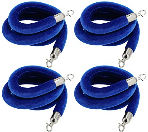 JAPCHET 4 Pack 6.5 Feet Velvet Rope, Blue Velvet Stanchion Rope with Silver Polished Hooks, Crowd Control Queue Line Barrier Rope Hanging Ropes for Hotels, Movie Theaters