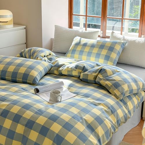 FACE TWO FACE Bedding Duvet Cover Set100% Washed Cotton Duvet Cover Linen Like Textured Breathable Durable Soft Comfy (Twin, Blue Yellow Grid) - color: Blue Yellow Grid, size: Twin