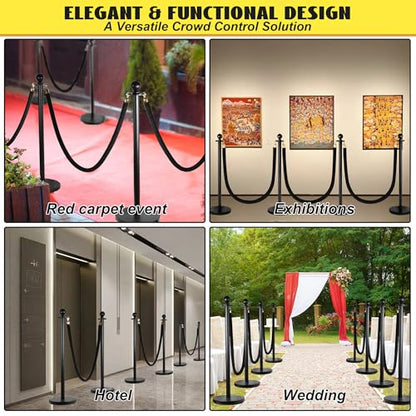 4 Pack Stanchions Post with Velvet Rope, Metal Posts with Weighted Base, Heavy Duty Crowd Control Barriers & Poles for Red Carpet, Movie Theater, Event, Party Supplies, Black - color: Metal-Black (Upgraded)
