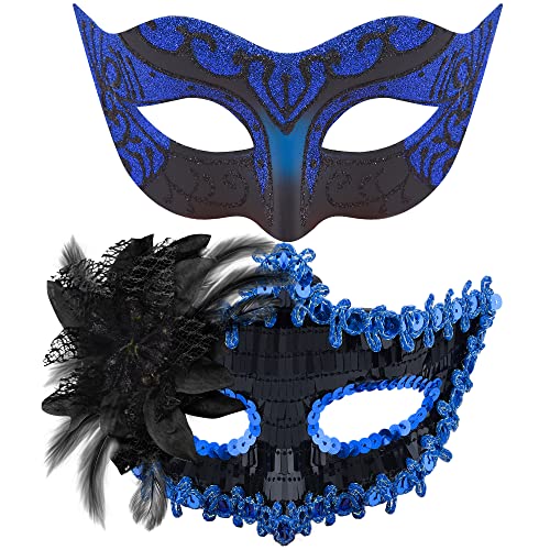 SIQUK Couple Masquerade Masks Set Venetian Party Mask Costume Mask - color: Black & Blue