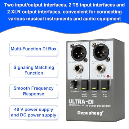 Depusheng Ultra-DI Di2 Professional Active 2-Channel DI-Box/Splitter w/Input Attenuator to Connect Guitar & Bass,Connector to Balanced & Unbalanced，Support 48V power supply