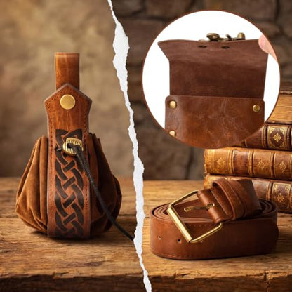 Renaissance Belt Pouch Set, Medieval Viking Pirate Leather Bag, Steampunk Waist Bag Skirt Hike Set, Halloween Cosplay Costume Accessories for Men Women (Brown) - color: Brown