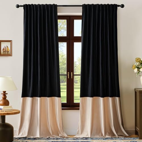 Luxury Black Beige Velvet Blackout Curtains 72 inches for Living Room - color: Black & Champagne, size: 52"W x 72"L (Pack of 2)