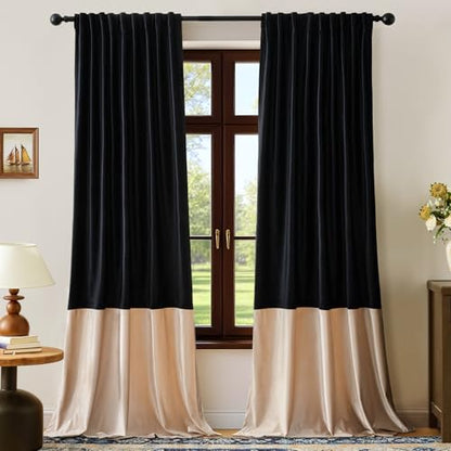 Luxury Black Beige Velvet Blackout Curtains 90 inches for Living Room - color: Black & Champagne, size: 52"W x 90"L (Pack of 2)