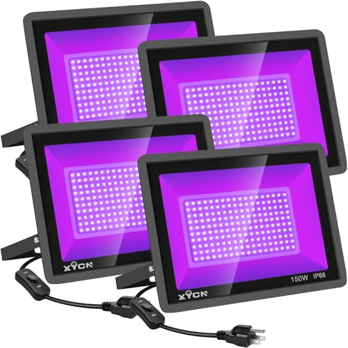 XYCN 4 Pack 150W LED Flood Black Lights,395nm to 405nm UV Outdoor Flood High Power Blacklight Light with Plug in, IP66 Waterproof Large Black Light Spotlight for Glow Party Large Space, Halloween - color: 4pack 150w Led Black Light