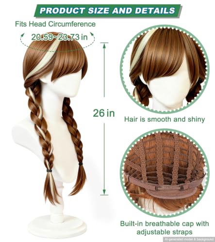 Brown Twin Ponytail Princess Wig, Long Braided Cosplay Wig Set | Adjustable cap included, synthetic brown braided wig for Halloween, parties, festivals, cosplay, and costume dress-up - color: Brown