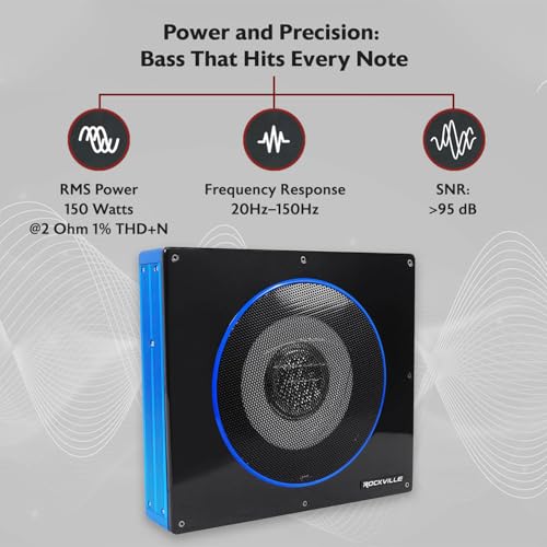 Rockville RW8CA 8" Low Profile Under-Seat Active Powered Car Subwoofer | 150W RMS/600W Peak, Bass Knob Included, Sealed Enclosure, 2.7" Slim, Auto Turn-On, Adjustable Low-Pass Filter, RCA Input - style: 8 Inch