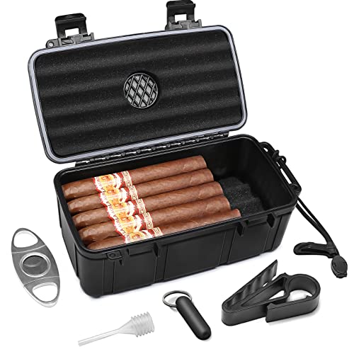 Flauno Travel Cigar Humidor - Portable Cigar Case kit with Cigar Cutter, Cigar Punch, Cigar Holder, Humidifier & Dropper, Waterproof, Crushproof, Airtight (Holds up to 15 Cigars) - size: Holds up to 15 Cigars with Cigar Accessories