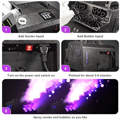 2000W Fog Machine, 3 in 1 Fog Bubble Machine with 2 Bubble Fans, 18 RGB LED Lights Smoke Bubble ALL IN ONE Fog Machine, Bubble Machine for Halloween Christmas Party Wedding Birthday - color: 1 PACK