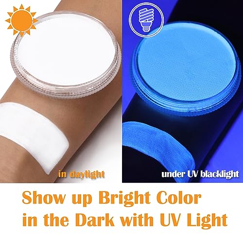 MEICOLY Neon White Face Paint,1.05oz Glow Blacklight Water Based Body Paint,Fluorescent Water Activated Face Paint for Adult and Children,Halloween White Face Paint Split Cake,White/UV Blue - color: white face paint