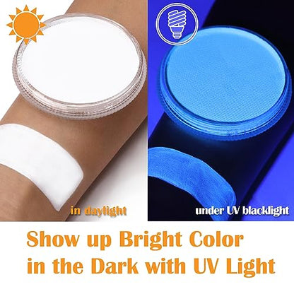 MEICOLY Neon White Face Paint,1.05oz Glow Blacklight Water Based Body Paint,Fluorescent Water Activated Face Paint for Adult and Children,Halloween White Face Paint Split Cake,White/UV Blue - color: white face paint