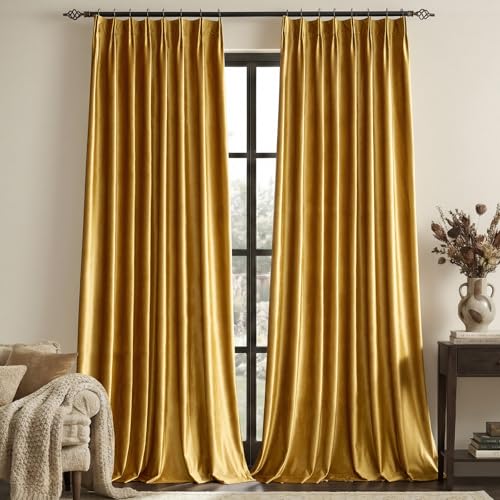 Gold Velvet Pinch Pleated Curtains: 96 Inches Long 2 Panels Set Luxury Living Room Darkening Thermal Insulated Drapes with Hooks- Elegant Soundproof Noise Reducing Back Tab Window Curtain for Bedroom - color: Pinch Pleated | Gold, size: 40"W x 96"L (Pack