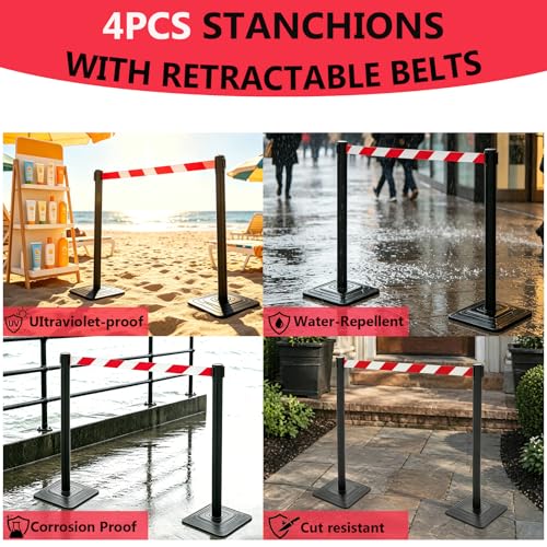 4 Pack Crowd Control Stanchions with 10FT Retractable Belt, 41" Black Queue Barriers with Heavy Rubber Base, Stable Stanchion Posts for Hotel, Airport, Bank, Store, Event(Red White Striped) - color: RED WHITE STRIPED BELT