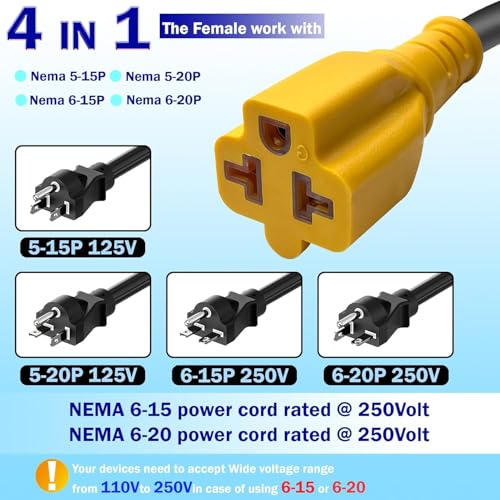 Waterproof 6Ft 15 Amp Household to 20 Amp AC Power Adapter Cable | 12/3 Outdoor Extension Cord Flat Plug,[4 in 1] NEMA 5-15P to 5-15R, 5-20R, 6-15R, 6-20R T Blade,125V AC Extension Cord - size: 6ft Extension cord