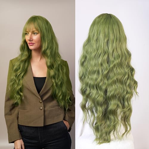 Green Curly Wig with Bangs for Women, 31 Inch Synthetic Cosplay Wig, Natural Looking Wavy Wig with Wig Cap for Parties, Role Play and Dress Up - color: Green