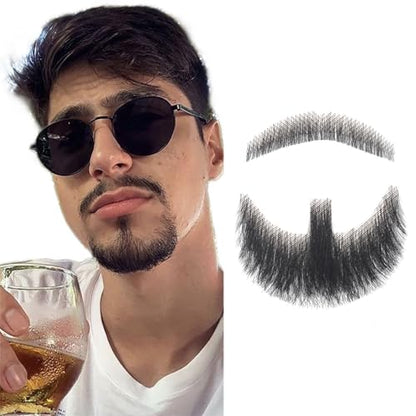 Hand-Tied Human Hair Fake Beard and Mustache for Costumes and Theater | Hand-knotted human hair on lightweight lace creates natural-looking facial hair for costumes, cosplay, theater and film - color: Style 1--black