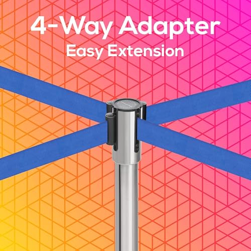 DuraSteel Chrome Crowd Control Barriers Stanchions with Retractable Belts - Metal Stanchion Posts w/ 6.5ft Blue Retractable Barrier Belt Ropes - Queue VIP Safety Line Dividers - Set of 2 Stantions - color: Blue Belt, style: Silver Stanchion 2 Pcs Set