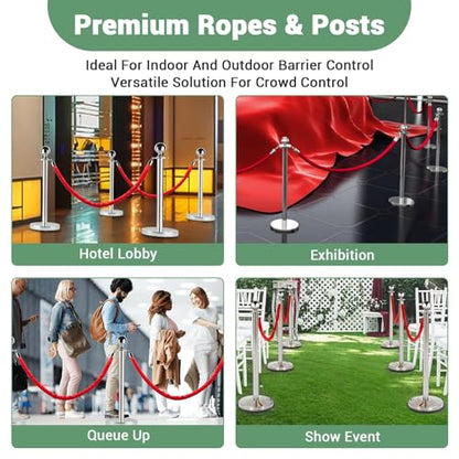 4PCS Stainless Steel Stanchion Post Queue, 5 ft Red Velvet Rope Red Carpet Ropes and Poles, Crowd Control Barriers with Sand Injection Hollow Base and Velvet Ropes Set for Party Supplies