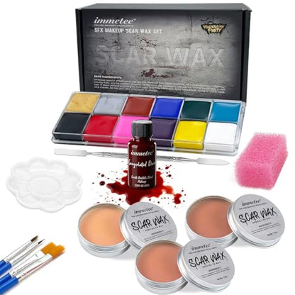 immetee Scar Wax SFX Makeup Kit, Face & Body Paint, Christmas Halloween Makeup Kit, Fake Blood, Painting Brushes, Spatula, Stipple Sponge, Stage Theatrical Party Cosplay, Carnival