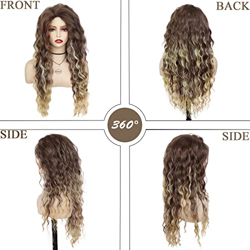 26 inch Long Curly Wigs for Women Brown Mixed Blonde Wig with Highlights - color: Brown Mix Blonde