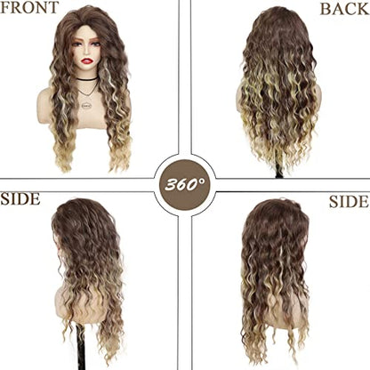 26 inch Long Curly Wigs for Women Brown Mixed Blonde Wig with Highlights - color: Brown Mix Blonde
