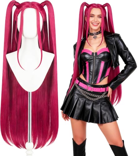 Hot Pink Cosplay Wig for Adults, Long Straight Wig with 2 Ponytails | Long hot pink synthetic hair wig for anime cosplay, Halloween, carnival, costume parties, and adult dress-up looks. - color: Pink