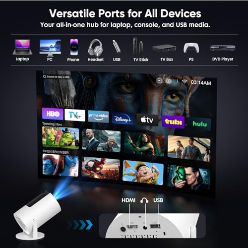 [Built-in Apps] Mini Projector with WiFi and Bluetooth, Native 1080P Portable Movie Projector for Bedroom, Android 12, Auto Vertical Keystone, 180° Rotation, Compatible with HDMI/USB/TV Stick/Laptop