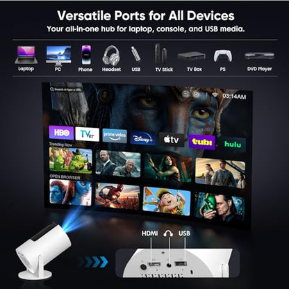 [Built-in Apps] Mini Projector with WiFi and Bluetooth, Native 1080P Portable Movie Projector for Bedroom, Android 12, Auto Vertical Keystone, 180° Rotation, Compatible with HDMI/USB/TV Stick/Laptop