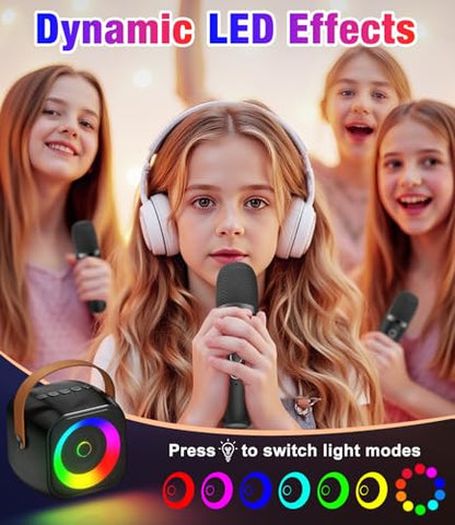 Mini Karaoke Machine, Portable Bluetooth Speaker with 2 Wireless Microphones for Kids & Adults, Karaoke Microphone with LED Lights, Gifts for Girls & Boys - color: Black