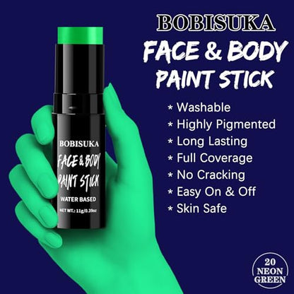 BOBISUKA Neon Green Face Paint Stick, Highly Pigmented Full Coverage Washable UV Glow Cream Face & Body Paint for Halloween Witch Skull Robot Alien Cosplay SFX, Sports Eye Black & Costume Party - color: Neon Green