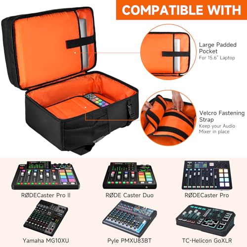 Audio Mixer Travel Case Fits for RODECaster Pro II,RODECaster Pro,RC Duo,Yamaha MG10XU,TC-Helicon GoXLR,Podcast DJ Mixer Backpack Bag with Multi-Pockets for Microphones,Cables,Podcast Equipment
