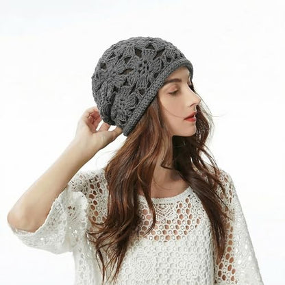 ZLYC Women Cotton Crochet Slouchy Beanie Hat Handmade Knit Summer Skull Cap | Lightweight breathable,boho casual chic look,travel photos festival party,café commute daily wear,beach concert gathering - color: Crochet Grey