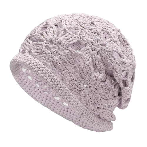 ZLYC Women Cotton Crochet Slouchy Beanie Hat Handmade Knit Summer Skull Cap | Lightweight breathable,boho casual chic look,travel photos festival party,café commute daily wear,beach concert gathering - color: Crochet Purple