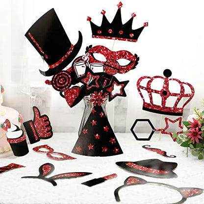 Zonon 24 Pcs Photo Booth Props Set Black Gold Birthday,Burgundy and Black | Props on Sticks for Wedding, Reunion, Prom, Includes Mustache, Hats, Glasses, Ties, Lips, Crowns, Fun Party Accessories - color: Burgundy and Black